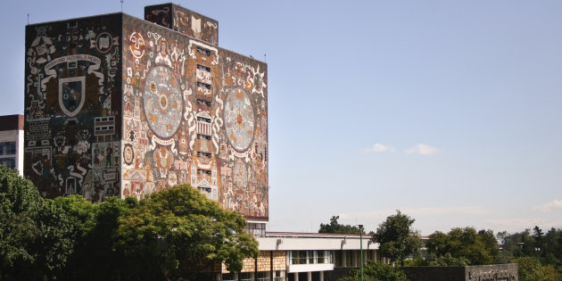 View of the library building of the National Autonomous University of Mexico that has murals on its facade made by Juan O-Gorman and was inscribed by Unesco Cultural Heritage of Humanity.